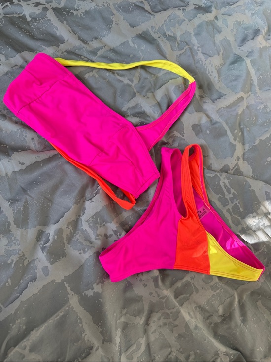 SHEIN Other - SHEIN Neon Colorblock One Shoulder Bikini Pink Orange Yellow Size M
